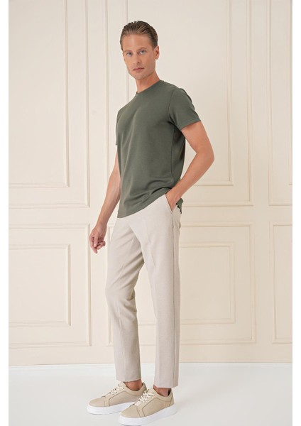 Comfort Fit Bisiklet Yaka Esnek Pamuk Casuel Haki Tişört Ts 885