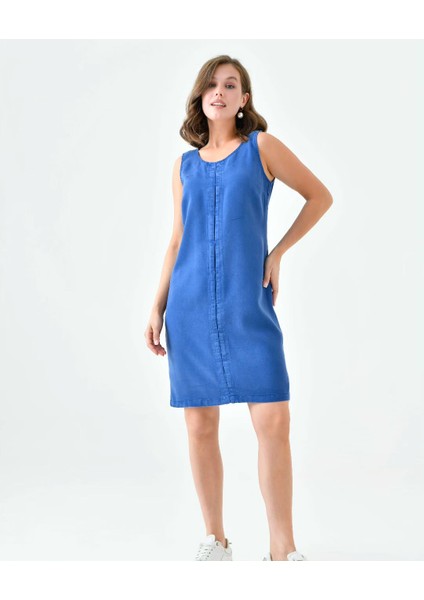 Tensel Kumaş Lacivert Mini Midi Diz Üstü Elbise – Düz Kesim, Ön Dikiş Detaylı