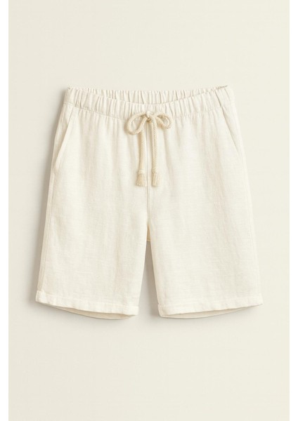 Erkek Beli Bağcıklı Relaxed Fit Keten Şort Krem ECA027