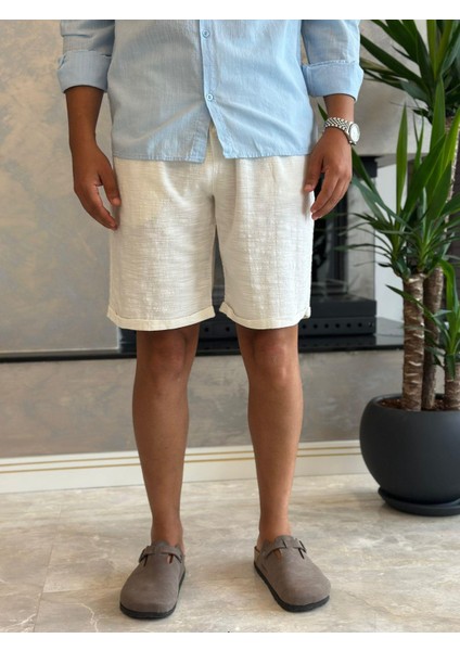 Erkek Beli Bağcıklı Relaxed Fit Keten Şort Krem ECA027 modelleri