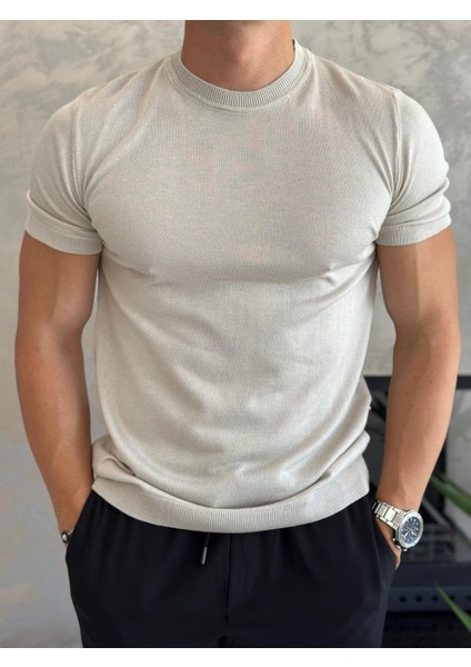 Erkek Slim Fit Pamuklu Bisiklet Yaka Tshirt Bej ECA021