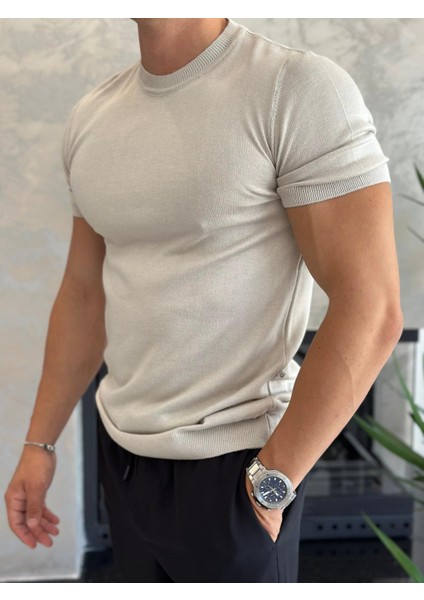 Erkek Slim Fit Pamuklu Bisiklet Yaka Tshirt Bej ECA021 fiyatları