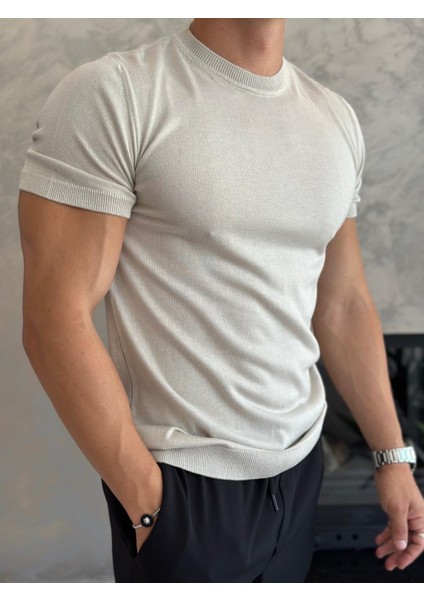 Erkek Slim Fit Pamuklu Bisiklet Yaka Tshirt Bej ECA021 modelleri