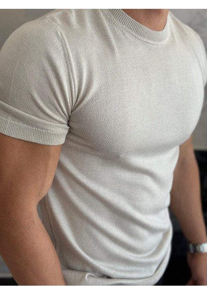 Erkek Slim Fit Pamuklu Bisiklet Yaka Tshirt Bej ECA021 fırsatları