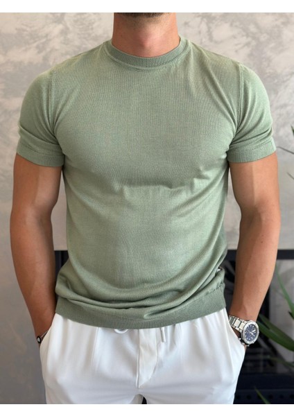 Erkek Slim Fit Pamuklu Bisiklet Yaka Tshirt Yeşil ECA021