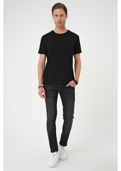 Comfort Fit Bisiklet Yaka Esnek Pamuk Casuel Siyah Tişört Ts 885