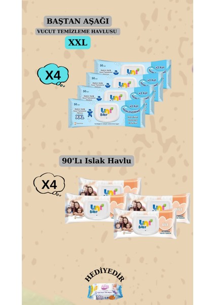 Vücut Temizleme Havlusu Xxl 4'li 200 Yaprak ve Aile Islak Mendil 4 Paket 90LI 360 Yaprak