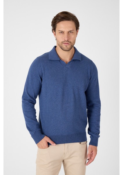 Açık Mavi Saf %100 Pamuk Erkek Patlı Düğmesiz Polo Yaka Triko Kazak