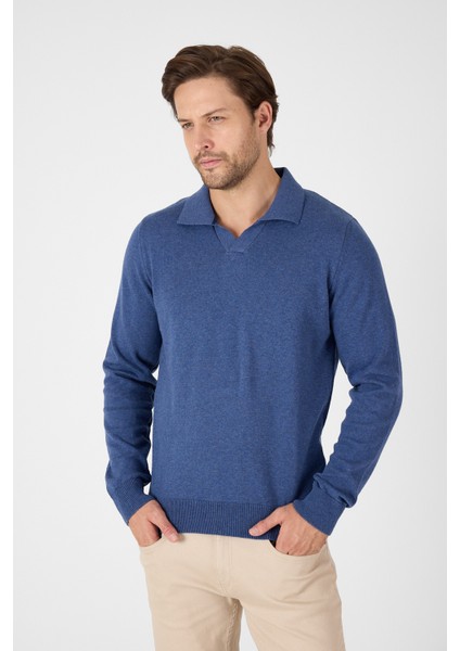 Açık Mavi Saf %100 Pamuk Erkek Patlı Düğmesiz Polo Yaka Triko Kazak fırsatları