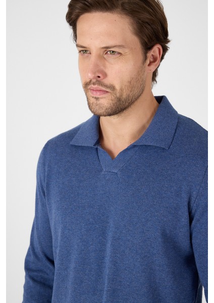 Açık Mavi Saf %100 Pamuk Erkek Patlı Düğmesiz Polo Yaka Triko Kazak