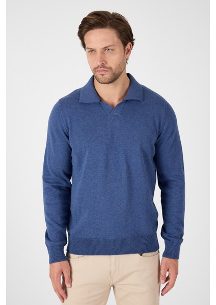 Açık Mavi Saf %100 Pamuk Erkek Patlı Düğmesiz Polo Yaka Triko Kazak