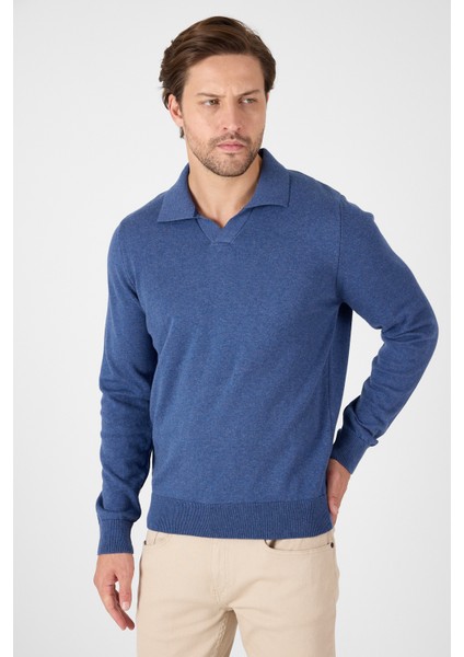 Açık Mavi Saf %100 Pamuk Erkek Patlı Düğmesiz Polo Yaka Triko Kazak