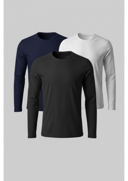 %100 Pamuk 3'lü Erkek Süprem Uzun Kollu Basic T-Shirt Compact Penye Sporcu Tişört Body Siyah Lacivert Gri
