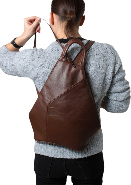 Hakiki Deri Kadın Omuz Sırt Çantası Vazo Model Klasik Kahverengi
