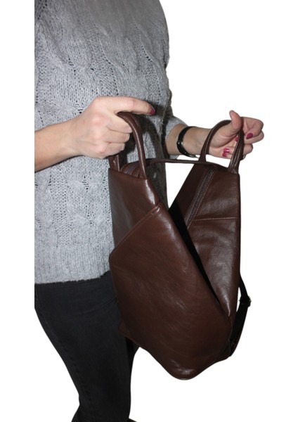 Hakiki Deri Kadın Omuz Sırt Çantası Vazo Model Klasik Kahverengi