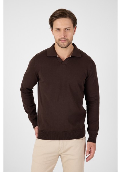 Kahverengi Saf %100 Pamuk Erkek Patlı Düğmesiz Polo Yaka Triko Kazak