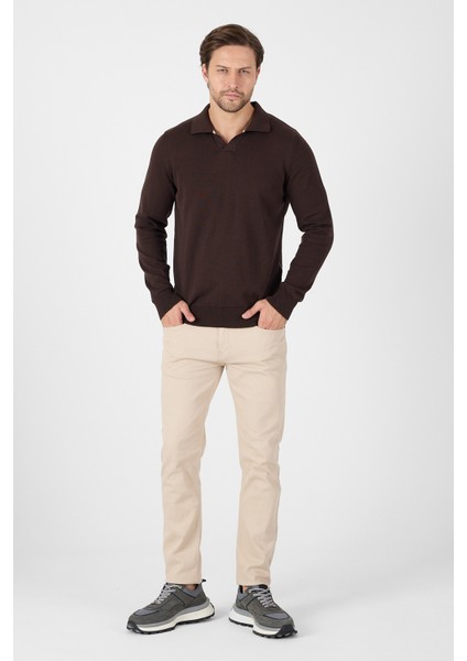Kahverengi Saf %100 Pamuk Erkek Patlı Düğmesiz Polo Yaka Triko Kazak fiyatları