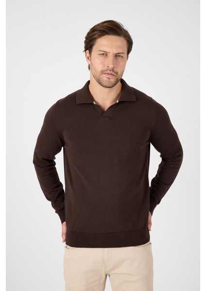 Kahverengi Saf %100 Pamuk Erkek Patlı Düğmesiz Polo Yaka Triko Kazak modelleri
