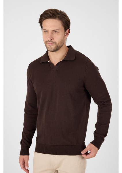 Kahverengi Saf %100 Pamuk Erkek Patlı Düğmesiz Polo Yaka Triko Kazak fırsatları