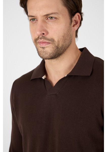 Kahverengi Saf %100 Pamuk Erkek Patlı Düğmesiz Polo Yaka Triko Kazak