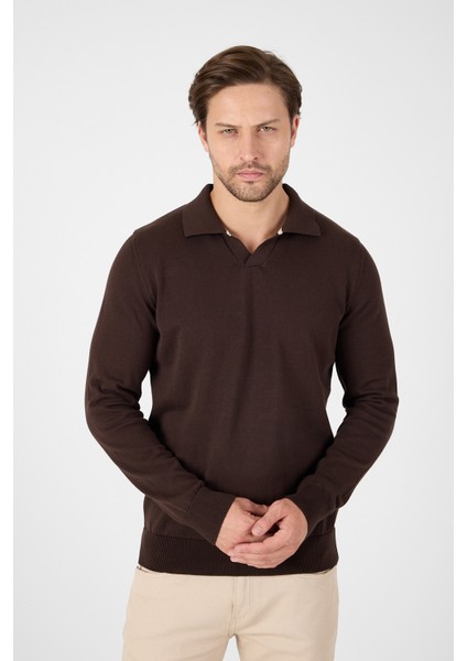 Kahverengi Saf %100 Pamuk Erkek Patlı Düğmesiz Polo Yaka Triko Kazak