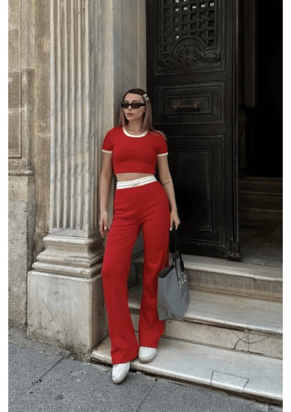 Pantolonlu Biyeli Crop 2li Takım Kırmızı