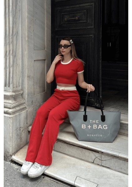 Pantolonlu Biyeli Crop 2li Takım Kırmızı modelleri