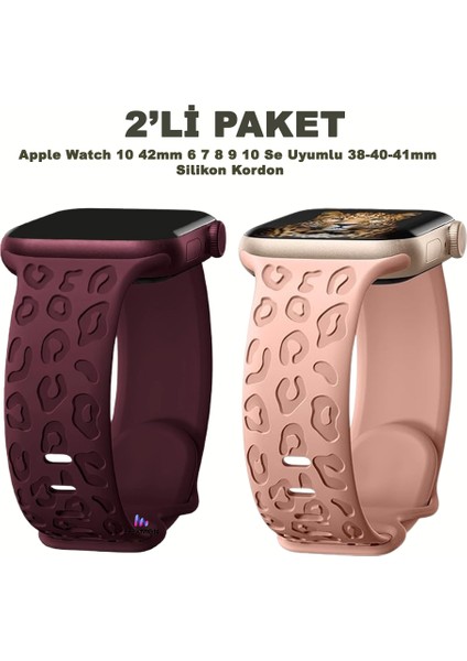 Apple Watch 10 42MM – 6 7 8 9 10 Se Uyumlu 38-40-41MM Leopar Desenli 2'li Silikon Kordon Seti