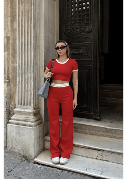 Pantolonlu Biyeli Crop 2li Takım Kırmızı indirimleri