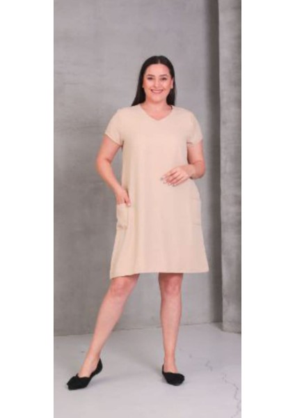 Kadın Büyük Beden Cep Detaylı V Yaka Pudra Pembe Elbise