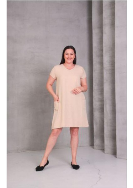 Kadın Büyük Beden Cep Detaylı V Yaka Pudra Pembe Elbise fiyatları