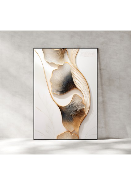 Metal Çerçeveli Gerçek Camlı Tablo, Dijital Baskı, Ginkgo Biloba Temalı, Salon, Ofis, Oturma Odası , Tablo