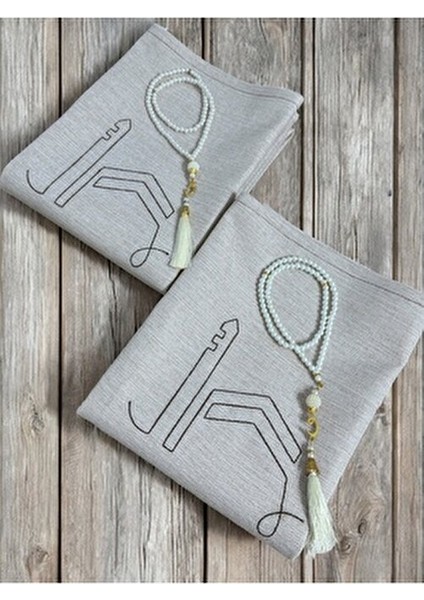 Çift Minimal Kabe Işlemeli Keten Seccade Namazlık Çeyizlik Hediyelik