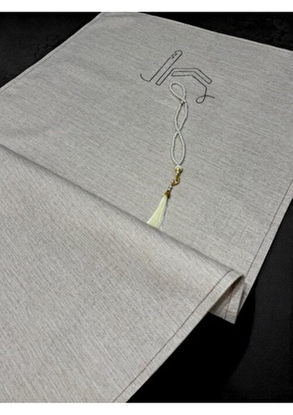 Çift Minimal Kabe Işlemeli Keten Seccade Namazlık Çeyizlik Hediyelik