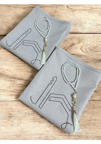 Çift Minimal Kabe Işlemeli Keten Seccade Namazlık Çeyizlik Hediyelik