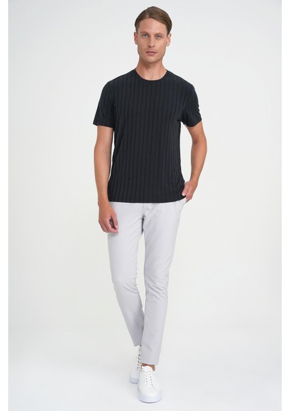 Comfort Fit Bisiklet Yaka Fitilli Kısa Kol Siyah Tişört Ts 909