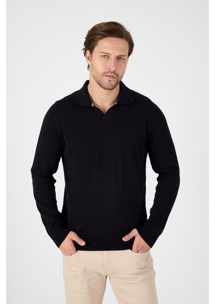 Siyah Saf %100 Pamuk Erkek Patlı Düğmesiz Polo Yaka Triko Kazak