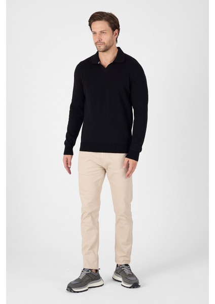 Siyah Saf %100 Pamuk Erkek Patlı Düğmesiz Polo Yaka Triko Kazak modelleri