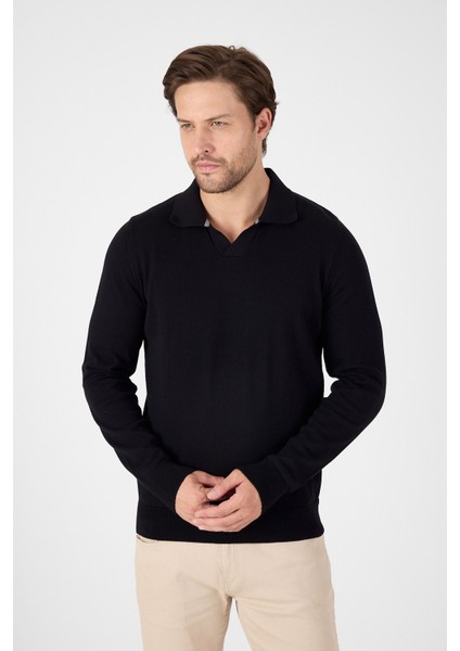 Siyah Saf %100 Pamuk Erkek Patlı Düğmesiz Polo Yaka Triko Kazak fırsatları