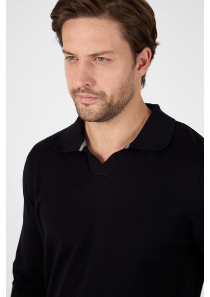 Siyah Saf %100 Pamuk Erkek Patlı Düğmesiz Polo Yaka Triko Kazak