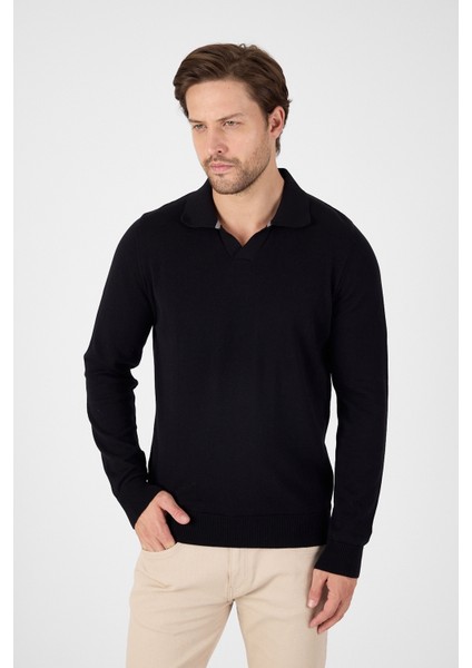 Siyah Saf %100 Pamuk Erkek Patlı Düğmesiz Polo Yaka Triko Kazak