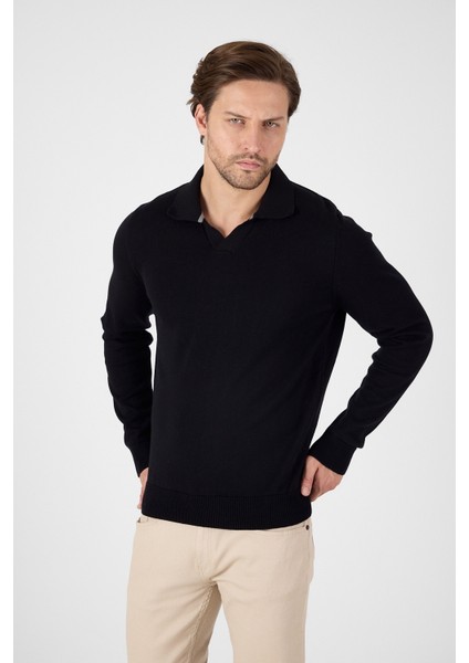 Siyah Saf %100 Pamuk Erkek Patlı Düğmesiz Polo Yaka Triko Kazak