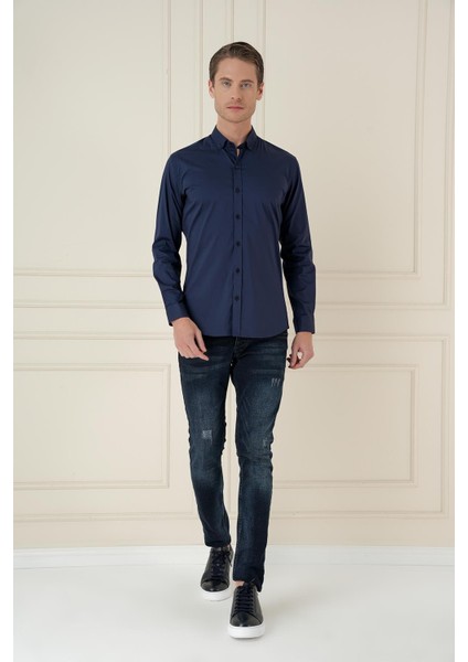 Slim Fit Düğmeli Yaka Esnek Klasik Lacivert Gömlek Gk 746