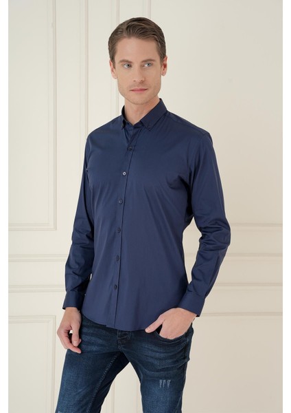 Slim Fit Düğmeli Yaka Esnek Klasik Lacivert Gömlek Gk 746 fiyatları