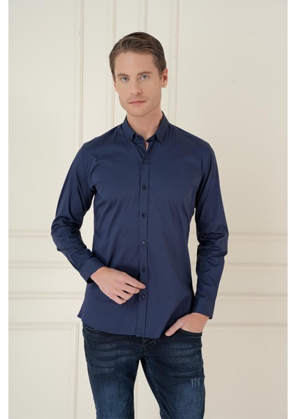 Slim Fit Düğmeli Yaka Esnek Klasik Lacivert Gömlek Gk 746 modelleri