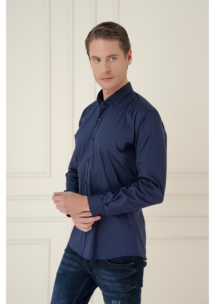 Slim Fit Düğmeli Yaka Esnek Klasik Lacivert Gömlek Gk 746 fırsatları