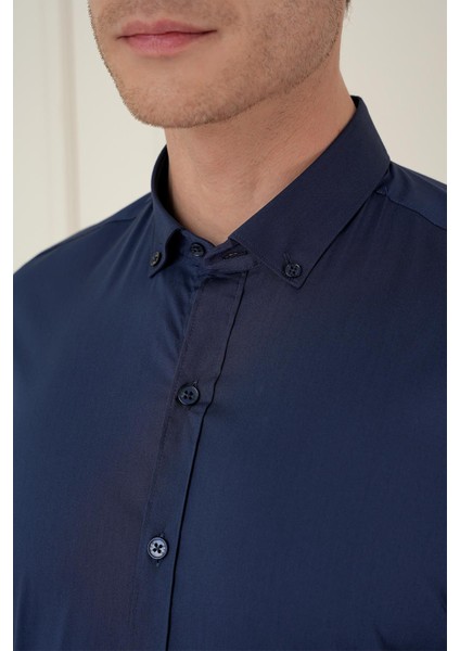 Slim Fit Düğmeli Yaka Esnek Klasik Lacivert Gömlek Gk 746 indirimleri