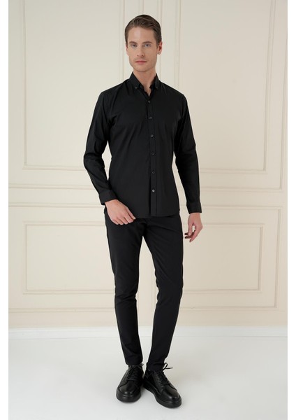 Slim Fit Düğmeli Yaka Esnek Klasik Siyah Gömlek Gk 746