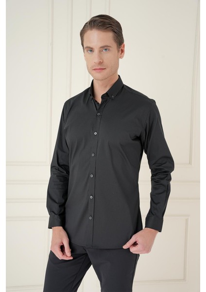 Slim Fit Düğmeli Yaka Esnek Klasik Siyah Gömlek Gk 746 fiyatları