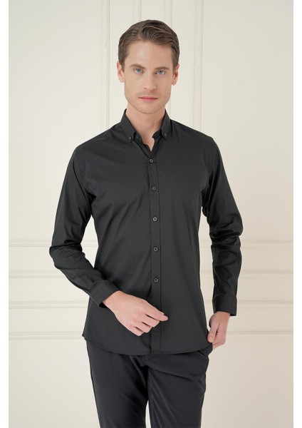 Slim Fit Düğmeli Yaka Esnek Klasik Siyah Gömlek Gk 746 modelleri
